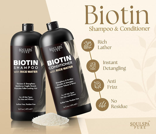 Biotin Rice Water Shampoo and Conditioner Set - Thickening Formula with Rice Protein & Keratin - Strengthening Hair Care for Thinning Hair - Made in USA - 16 Fl Oz Each