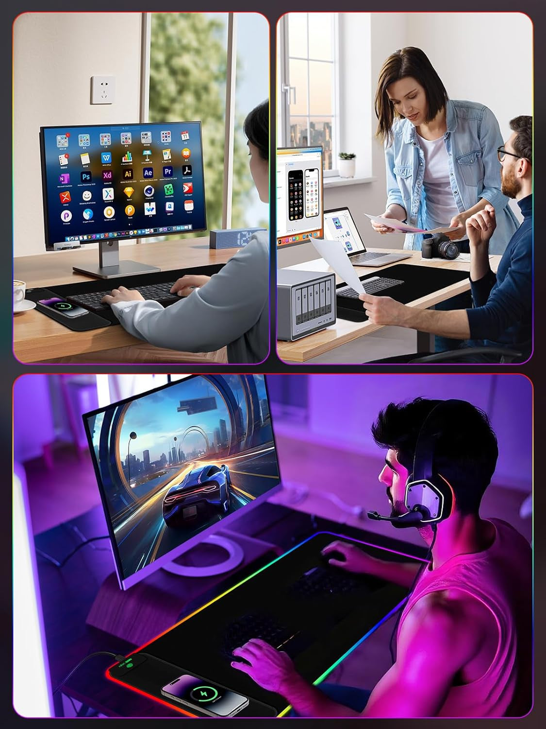 2-In-1 RGB Gaming Mouse Pad with Wireless Charging, 31.5"X15.8" Large, 24 Light Effects, Non-Slip Base, Waterproof Ultra-Smooth Surface, No Adapter