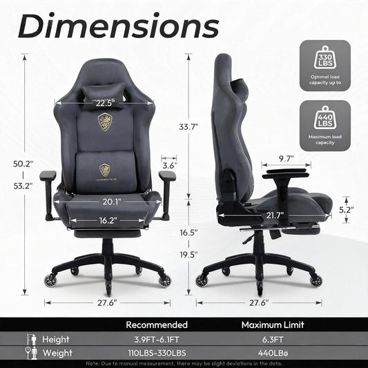 Big and Tall Gaming Chair with Suede Fabric Breathable, Game Chairs for Adults with Oversized Thick Seat for 440Lbs, Ergonomic Gamer Chair for Streaming & Long Gaming Sessions, Deep Grey