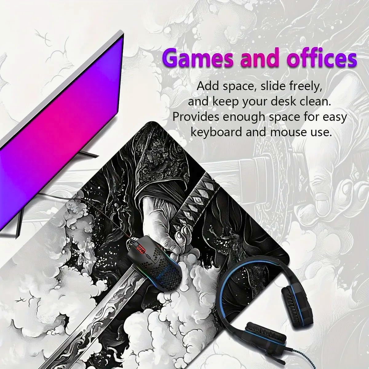 Gaming Mouse Pad Cinematic Samurai Sword - 31.5X11.8 HD Print Japanese Art Desk Mat for Pro Gaming & Minimalist Office, Non-Slip, Stitched Edges, Black and White
