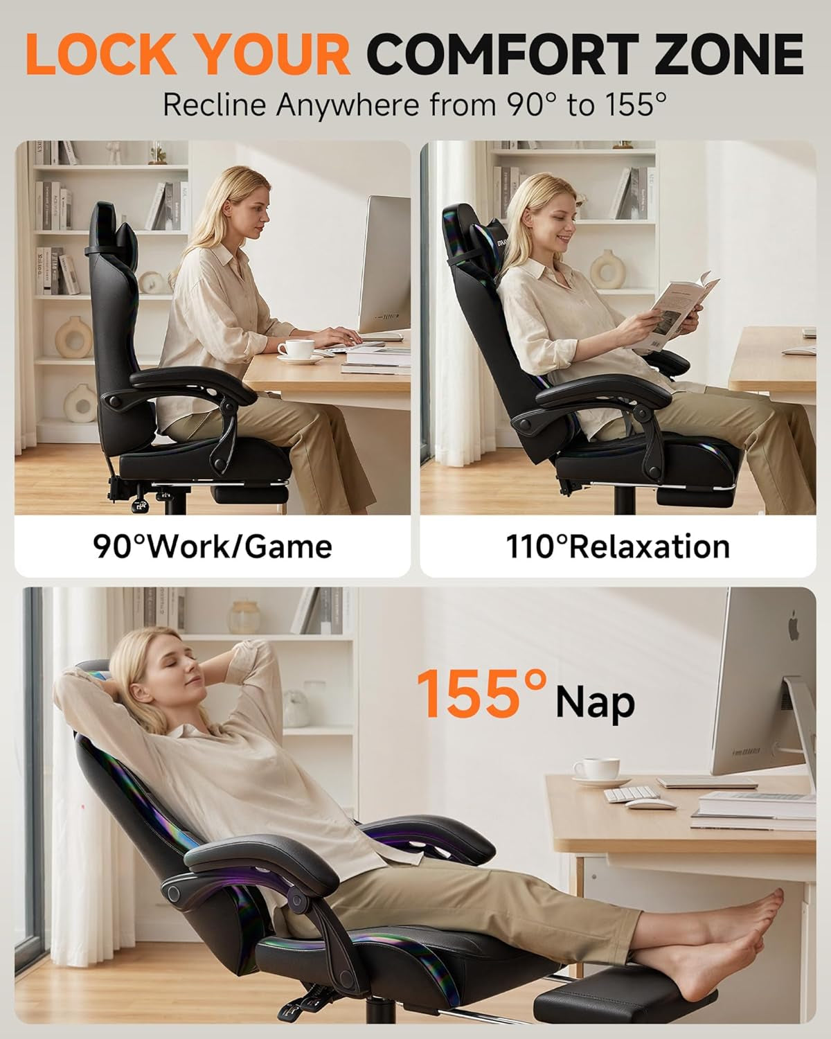 Gaming Chair with Footrest, Computer Gaming Chair for Adults and Kids, Height Adjustable Gamer Chair with 90-155° Recline & Removable Headrest Lumbar Support, 01 Iridescent Black