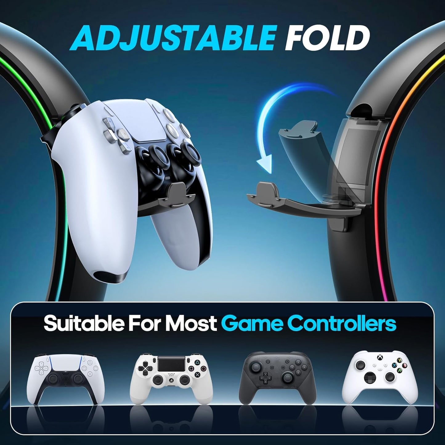 RGB Headphone & Controller Stand with 9 Light Modes - Foldable Controller Hanger for Desk - Earphone Stand with Cable Organizer - for Gamers Desktop Accessories