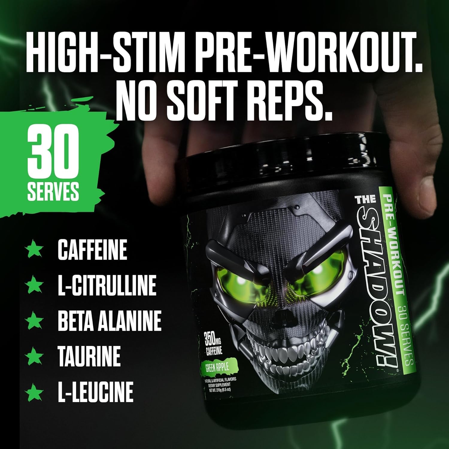 the Shadow! High Stim Preworkout | 350Mg of Caffeine | Fruit Punch 30 Servings | Electric Energy, Mental Focus & Superhuman Strength for Men & Women