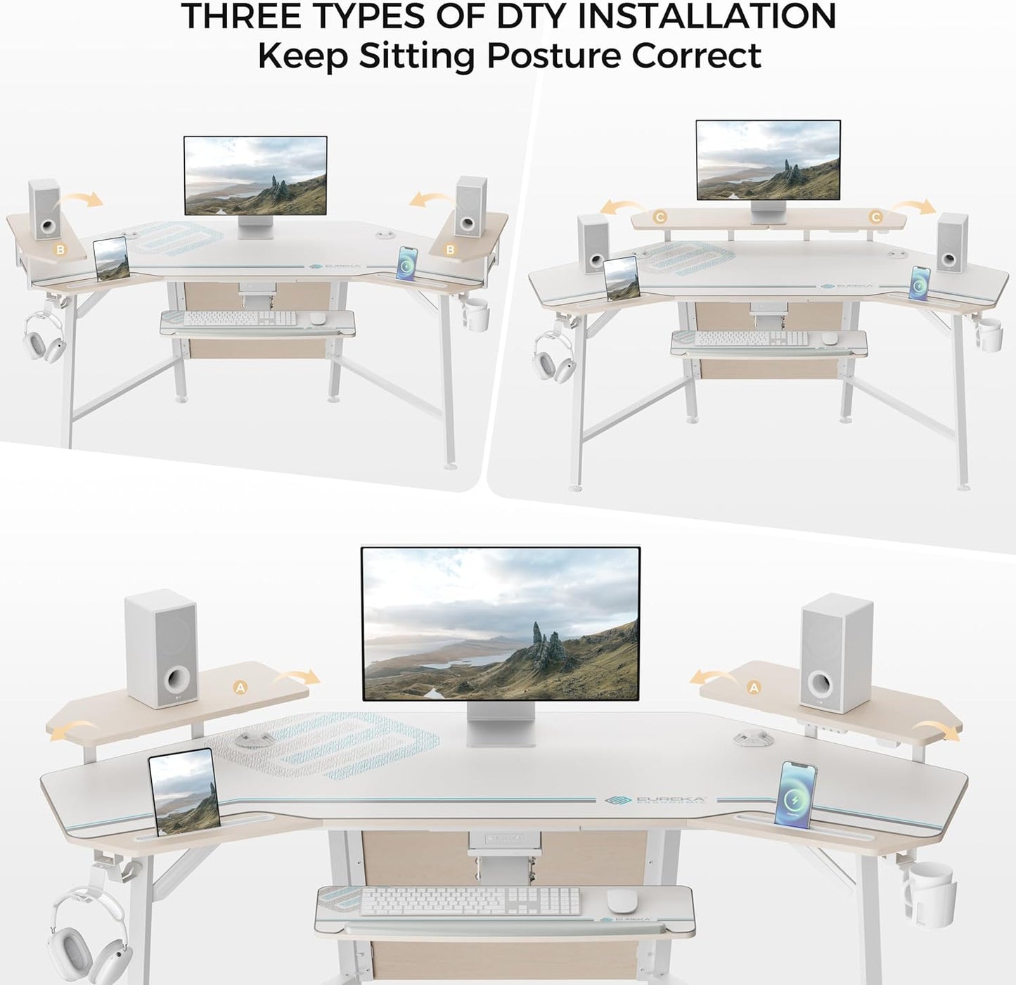 Aero 72 Inch Gaming Desk with Keyboard Tray, Large Computer Desk Led Lights, Wing-Shaped Monitor Stand Dual Headphone Hanger Cup Holder for Studio,Streamer,Live,Maple