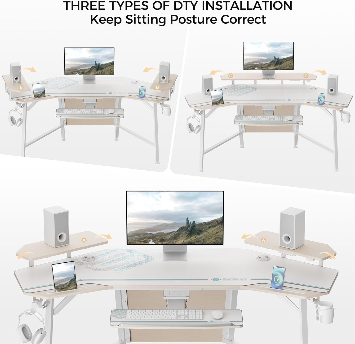 Aero 72 Inch Gaming Desk with Keyboard Tray, Large Computer Desk Led Lights, Wing-Shaped Monitor Stand Dual Headphone Hanger Cup Holder for Studio,Streamer,Live,Maple