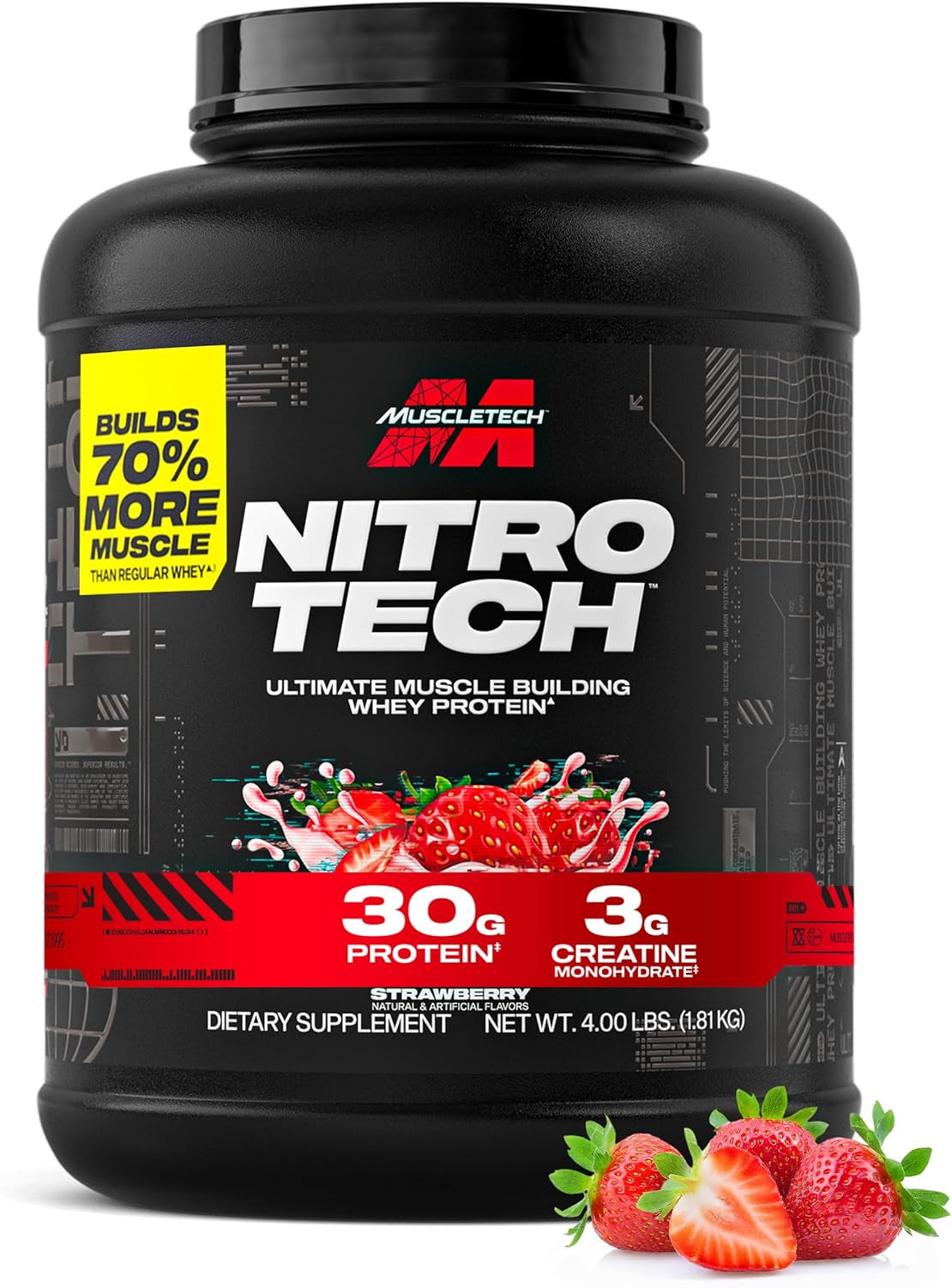 Whey Protein Powder (Strawberry, 4 Pound) - Nitro-Tech Ultimate Muscle Building Formula with Whey Protein Isolate - 30G of Protein, 3G of Creatine & 6.8G of BCAA - Packaging May Vary