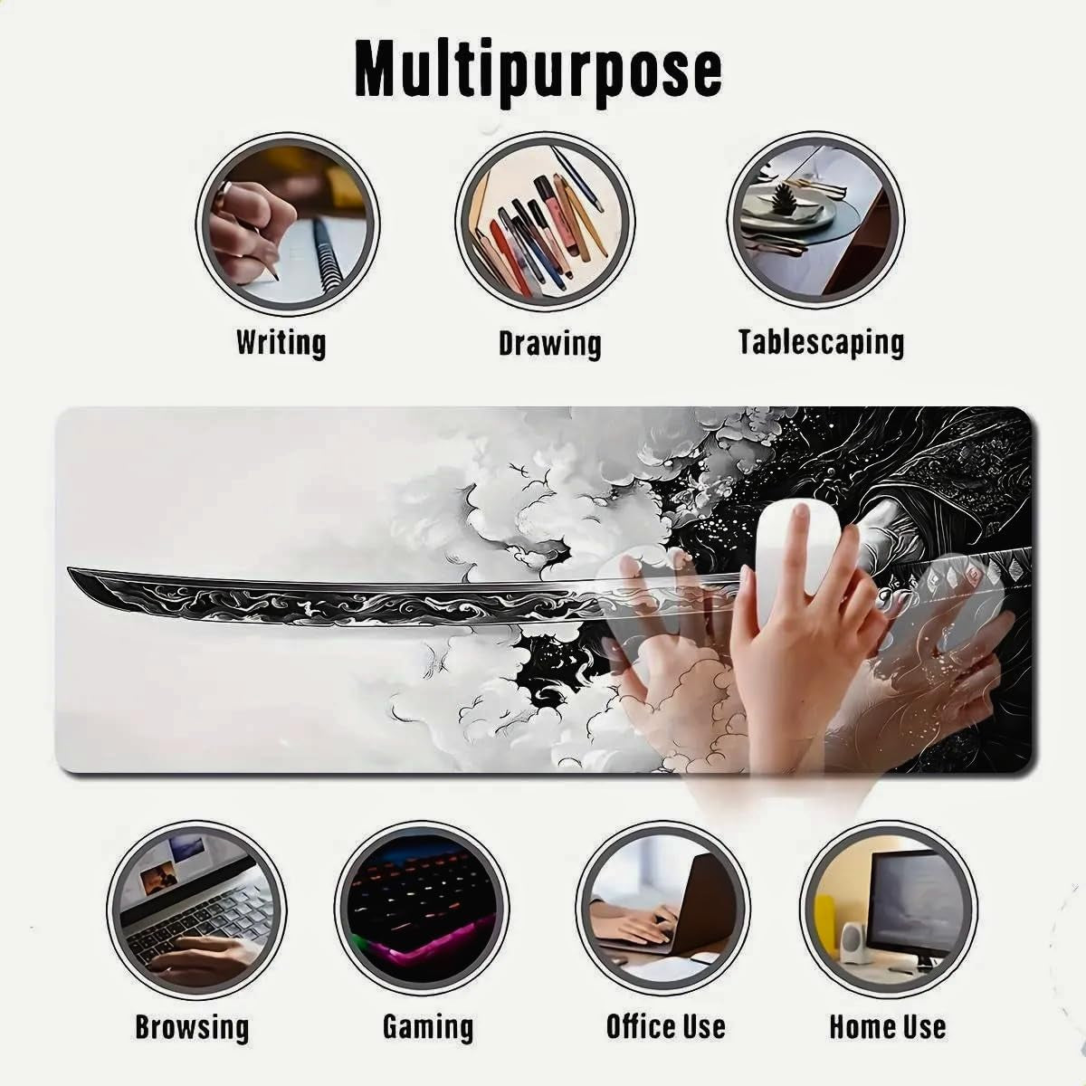 Gaming Mouse Pad Cinematic Samurai Sword - 31.5X11.8 HD Print Japanese Art Desk Mat for Pro Gaming & Minimalist Office, Non-Slip, Stitched Edges, Black and White