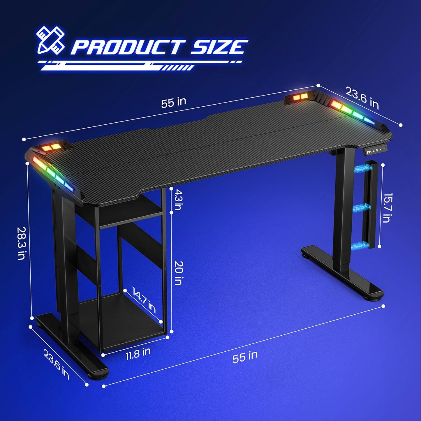 Gaming Standing Desk with LED Lights & Host Shelf, 55" X 24" Gaming Table with Music Sensing APP Control, Underdesk Cable Storage Electric Standing Desk, Black Carbon Fiber PC Table for Home Office