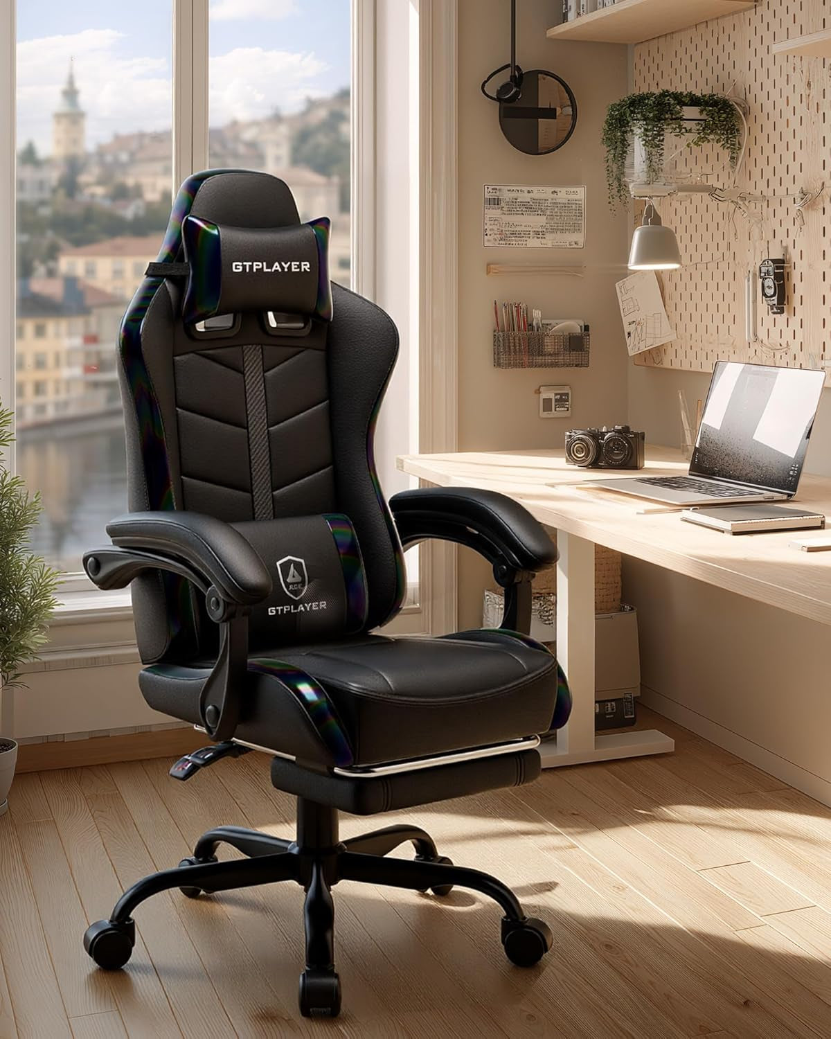 Gaming Chair with Footrest, Computer Gaming Chair for Adults and Kids, Height Adjustable Gamer Chair with 90-155° Recline & Removable Headrest Lumbar Support, 01 Iridescent Black