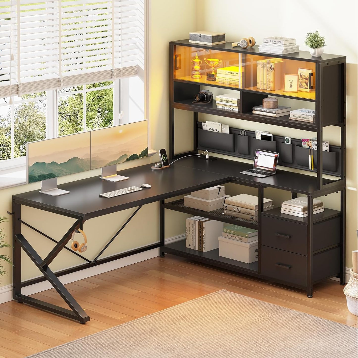 L Shaped Gaming Desk, Home Office Computer Desk with 2 Drawer and Bookshelf, L Shaped Gaming Desk with LED Light, Glass Cabinet and Storage Bag, Corner Desk with Storage Shelves, Black