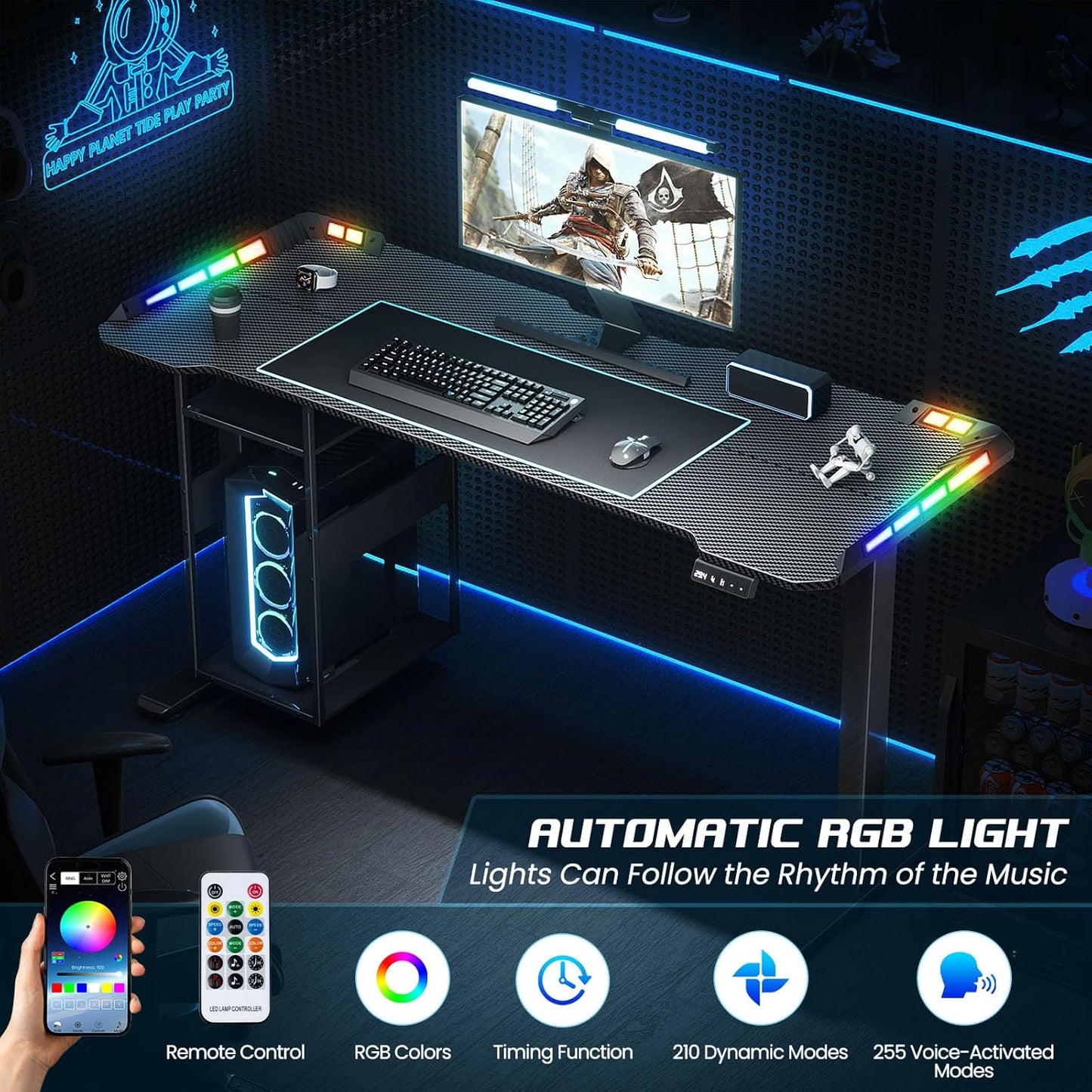 Gaming Standing Desk with LED Lights & Host Shelf, 55" X 24" Gaming Table with Music Sensing APP Control, Underdesk Cable Storage Electric Standing Desk, Black Carbon Fiber PC Table for Home Office