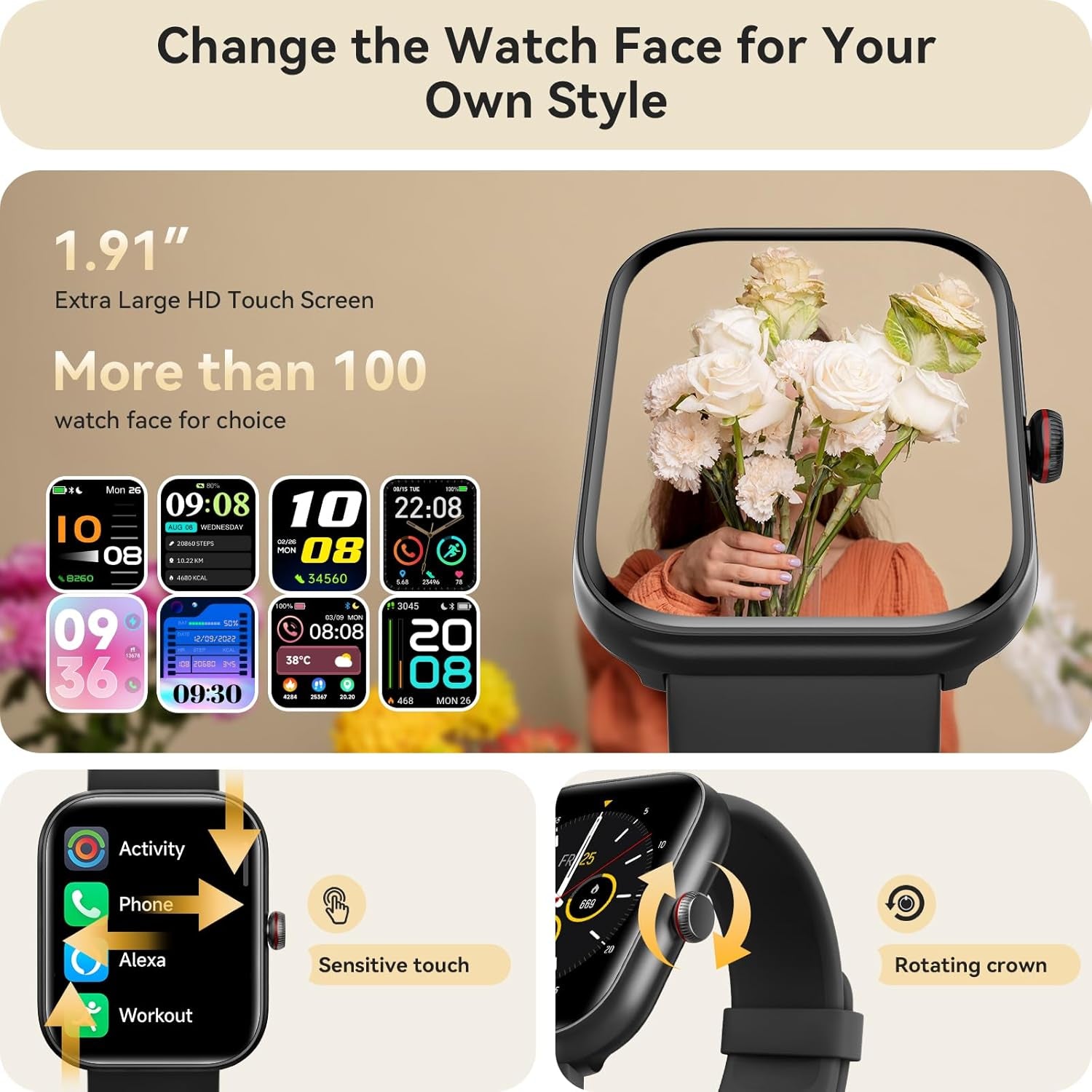 Smart Watch for Women Men, Smartwatch for Iphone & Android Bluetooth (Answer/Call) Built-In Alexa, 1.91" HD Fitness Tracker with 105+ Sport Modes, IP68 Waterproof, Sleep/Heart Rate/Spo2/Stress Monitor