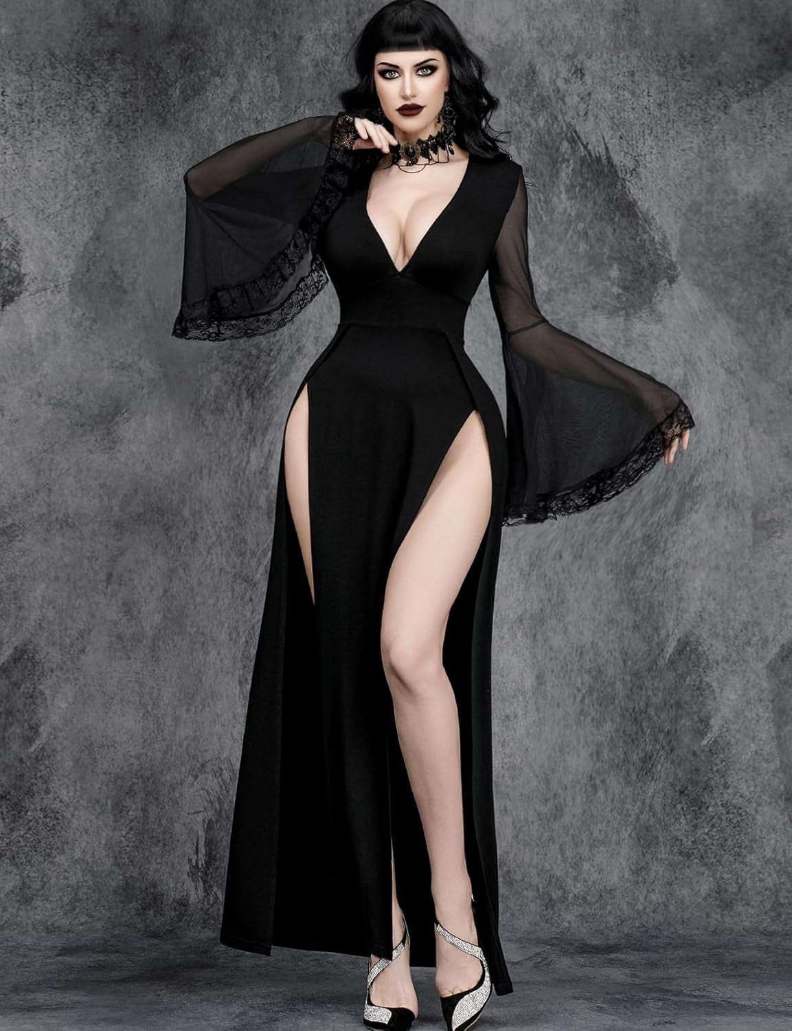 Women Gothic V Neck High Slit Witch Sleeve Lace Patchwork Ghost Bridal Goth Dress without Corset
