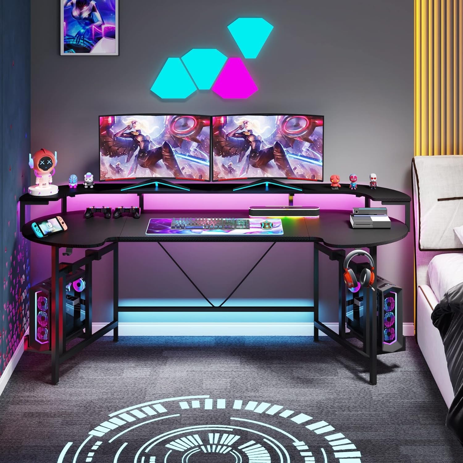 75 Inch Gaming Desk with Monitor Shelf, Large PC Computer Desk with LED Lights, Gaming Table Gamer Desk for Bedroom, Home Office, Black