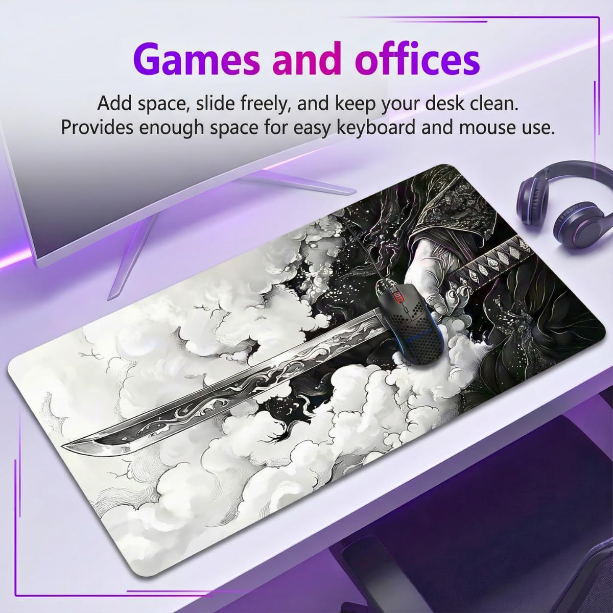 Gaming Mouse Pad Cinematic Samurai Sword - 31.5X11.8 HD Print Japanese Art Desk Mat for Pro Gaming & Minimalist Office, Non-Slip, Stitched Edges, Black and White