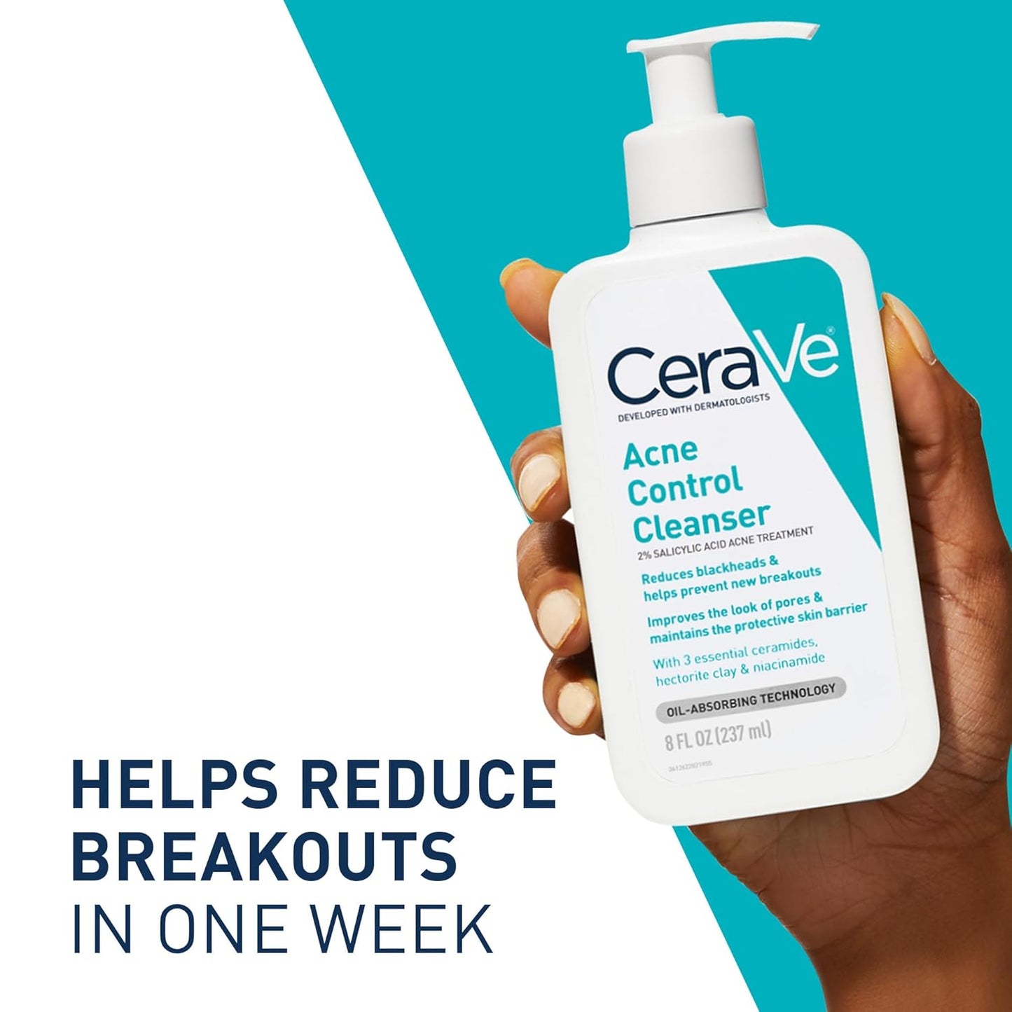 Acne Control Cleanser, 2% Salicylic Acid Treatment Formulated with Niacinamide + Ceramides + Oil Absorbing Clay, Gentle Face Wash Helps Clear & Prevent Acne, Fragrance Free, 16 Ounce