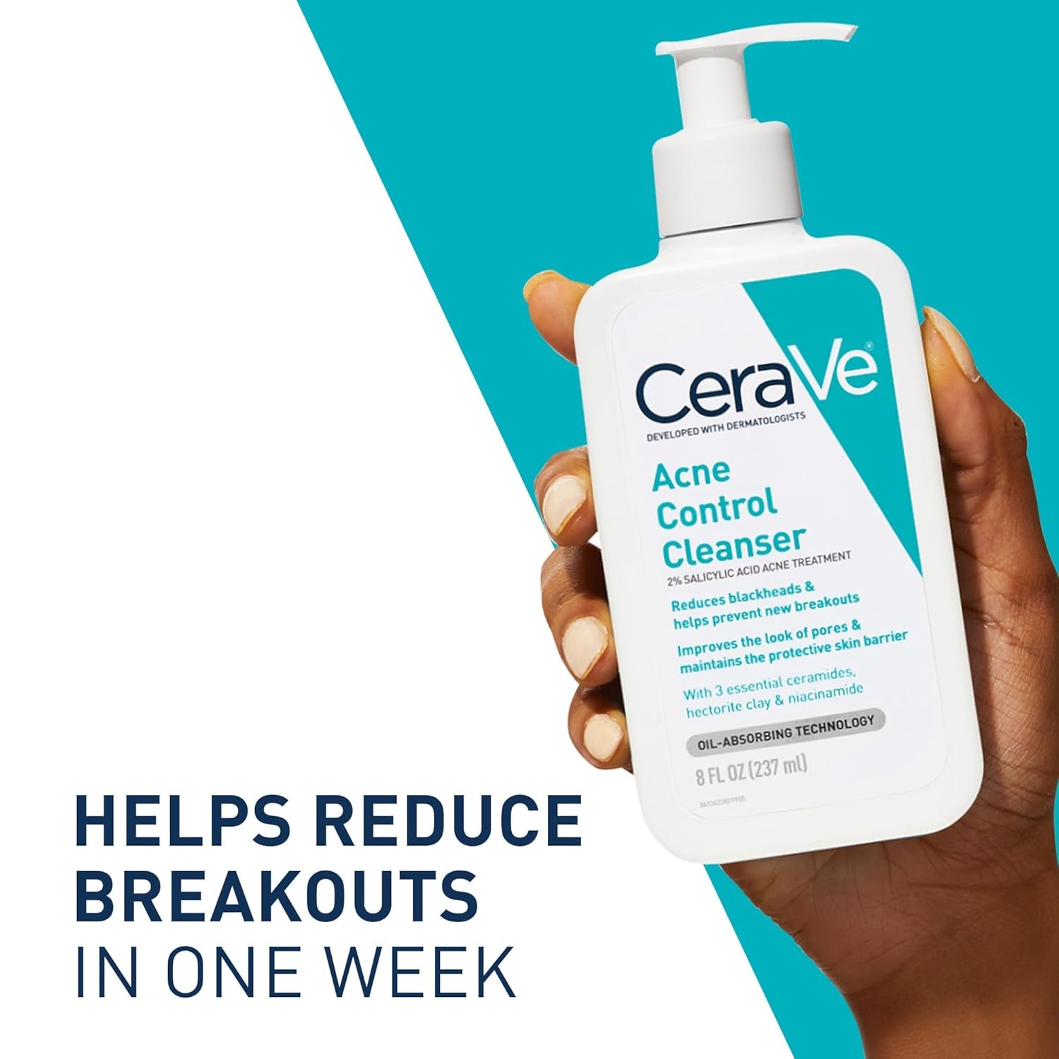Acne Control Cleanser, 2% Salicylic Acid Treatment Formulated with Niacinamide + Ceramides + Oil Absorbing Clay, Gentle Face Wash Helps Clear & Prevent Acne, Fragrance Free, 16 Ounce