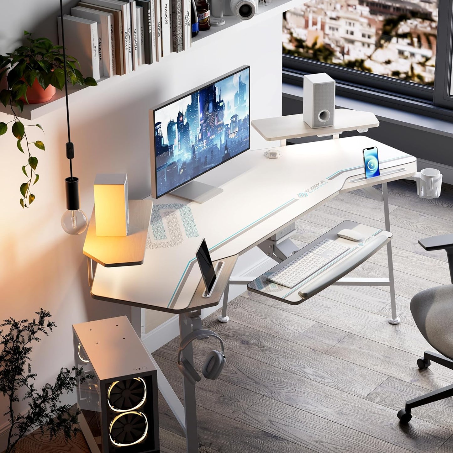 Aero 72 Inch Gaming Desk with Keyboard Tray, Large Computer Desk Led Lights, Wing-Shaped Monitor Stand Dual Headphone Hanger Cup Holder for Studio,Streamer,Live,Maple