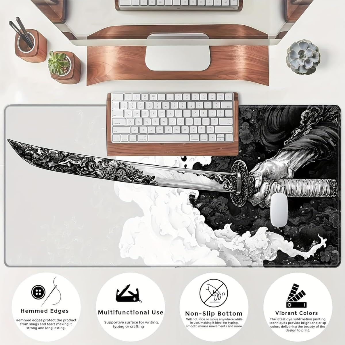 Gaming Mouse Pad Cinematic Samurai Sword - 31.5X11.8 HD Print Japanese Art Desk Mat for Pro Gaming & Minimalist Office, Non-Slip, Stitched Edges, Black and White