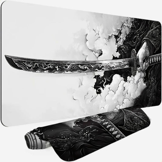 Gaming Mouse Pad Cinematic Samurai Sword - 31.5X11.8 HD Print Japanese Art Desk Mat for Pro Gaming & Minimalist Office, Non-Slip, Stitched Edges, Black and White