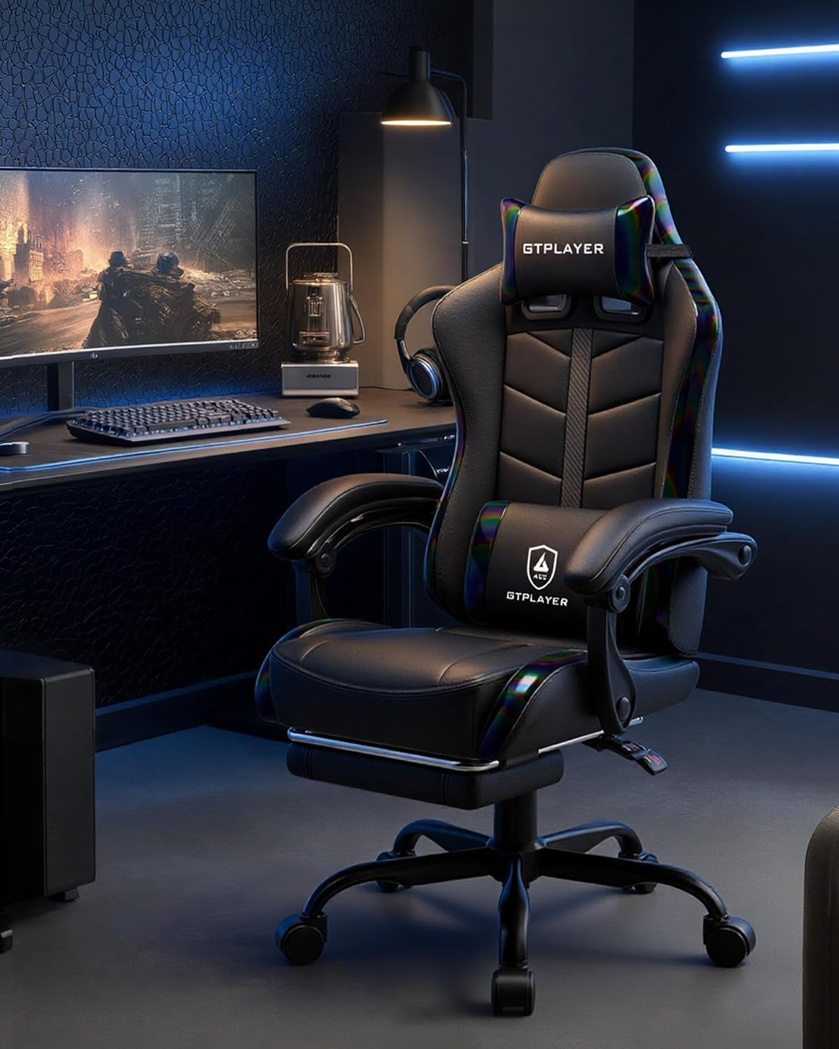 Gaming Chair with Footrest, Computer Gaming Chair for Adults and Kids, Height Adjustable Gamer Chair with 90-155° Recline & Removable Headrest Lumbar Support, 01 Iridescent Black
