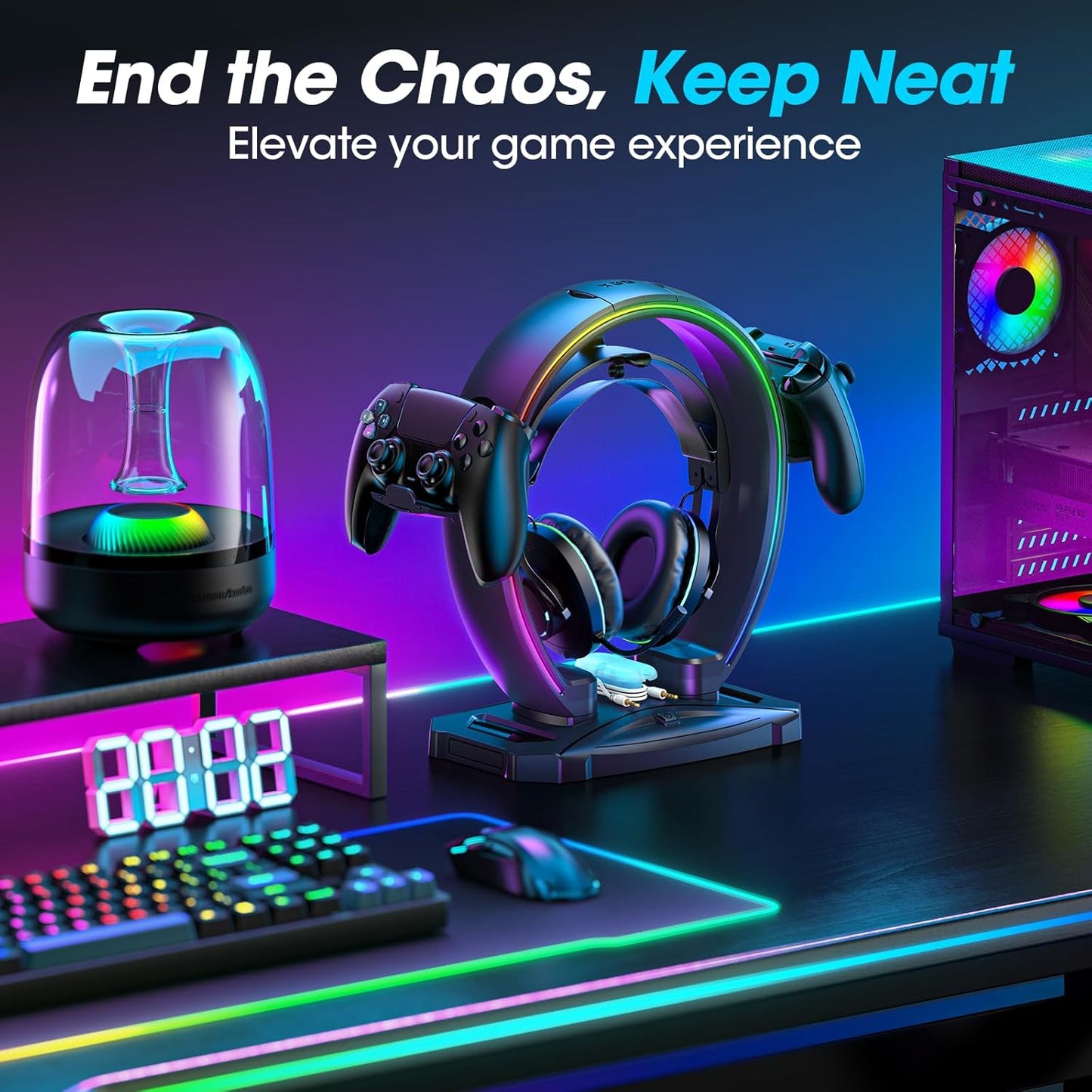 RGB Headphone & Controller Stand with 9 Light Modes - Foldable Controller Hanger for Desk - Earphone Stand with Cable Organizer - for Gamers Desktop Accessories