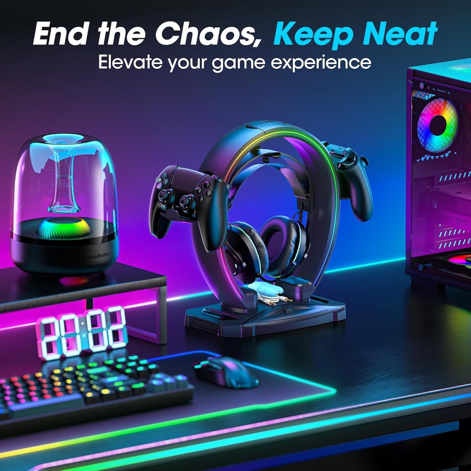 RGB Headphone & Controller Stand with 9 Light Modes - Foldable Controller Hanger for Desk - Earphone Stand with Cable Organizer - for Gamers Desktop Accessories