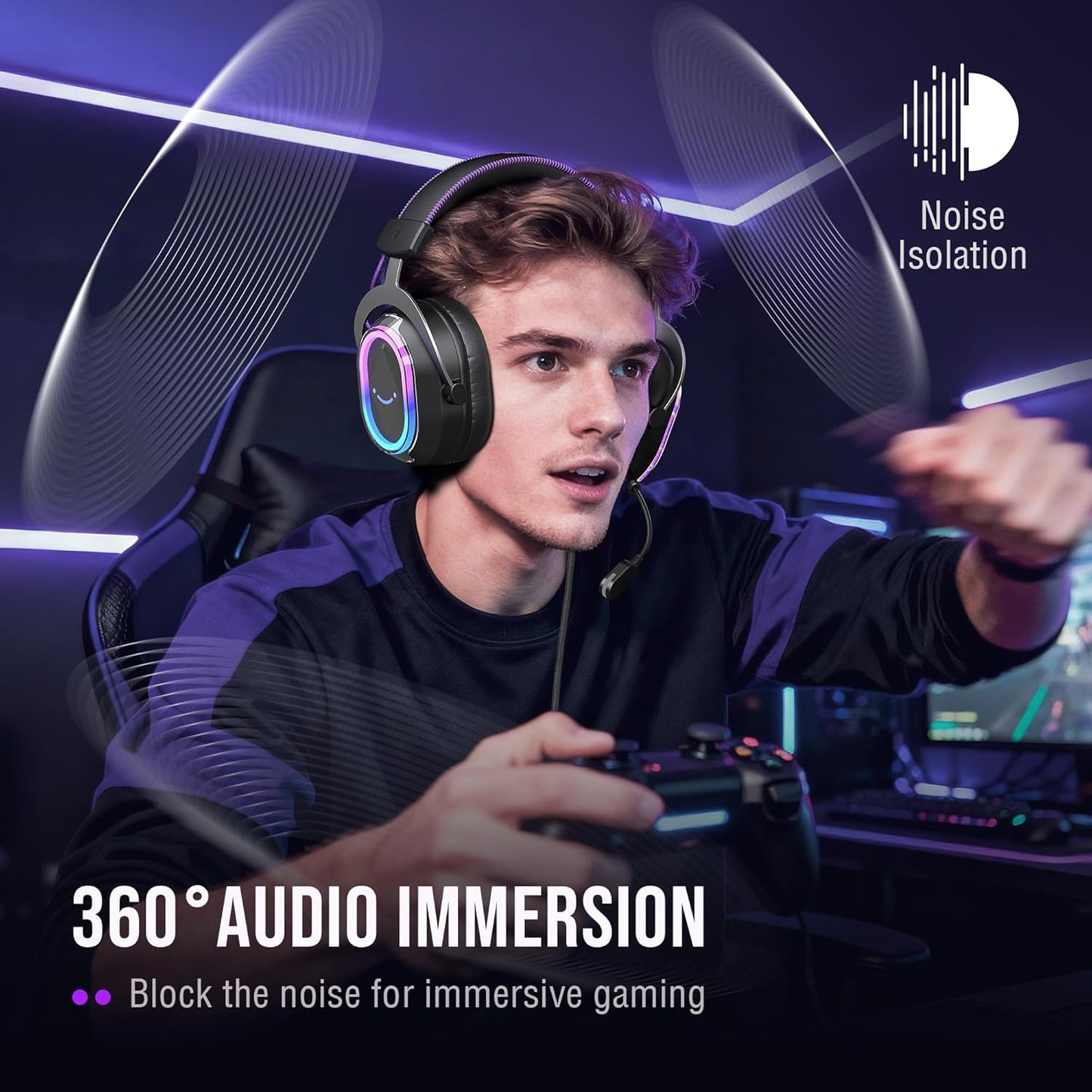 Wired USB Gaming Headset: 7.1 Surround Sound - Vibrant Customizable RGB - Game/Chat Balance, Gamer Headphone with Noise Canceling Mic for PC, PS5/PS4, Laptop, Mac - Ampligame H13BP