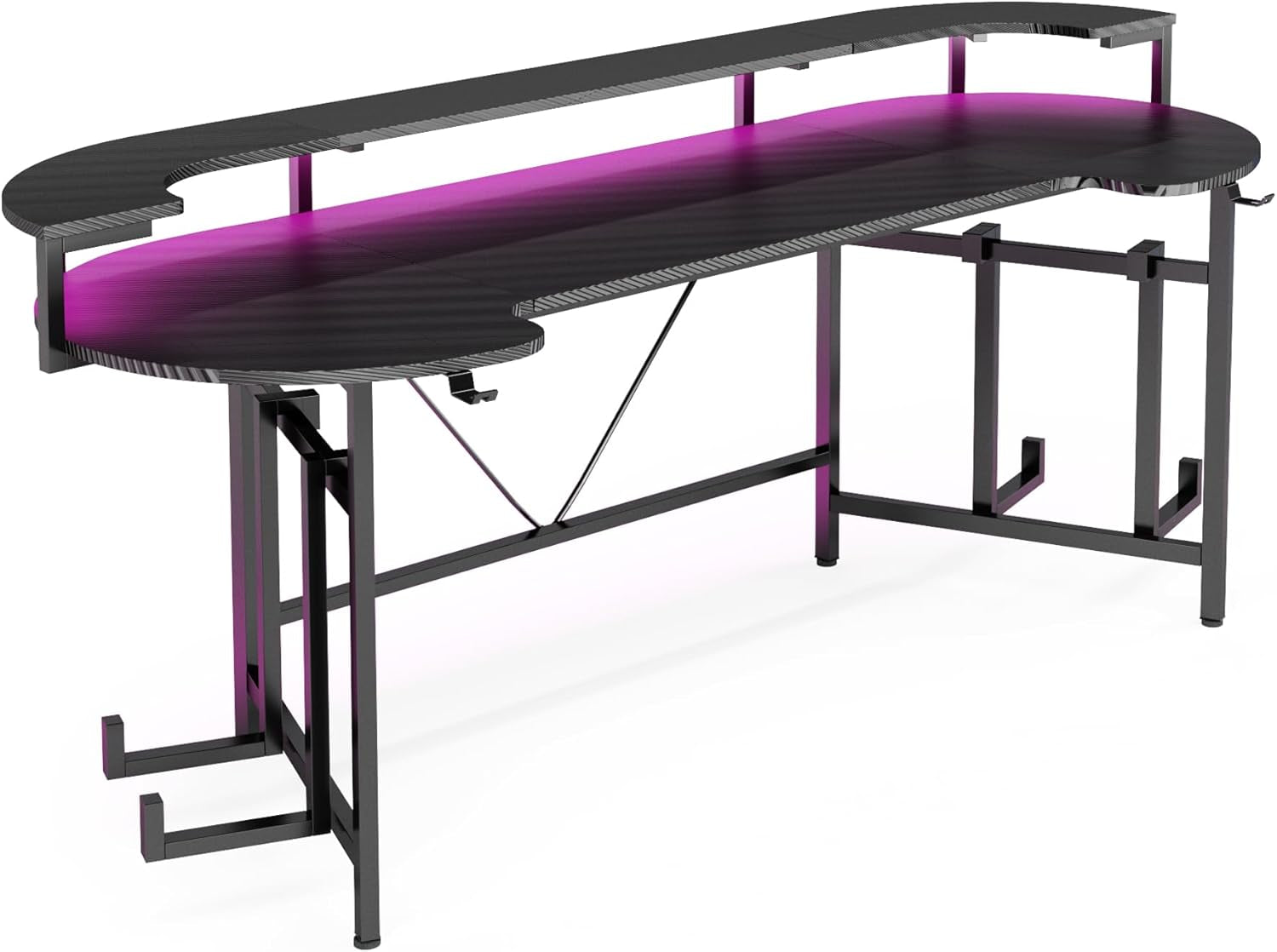 75 Inch Gaming Desk with Monitor Shelf, Large PC Computer Desk with LED Lights, Gaming Table Gamer Desk for Bedroom, Home Office, Black