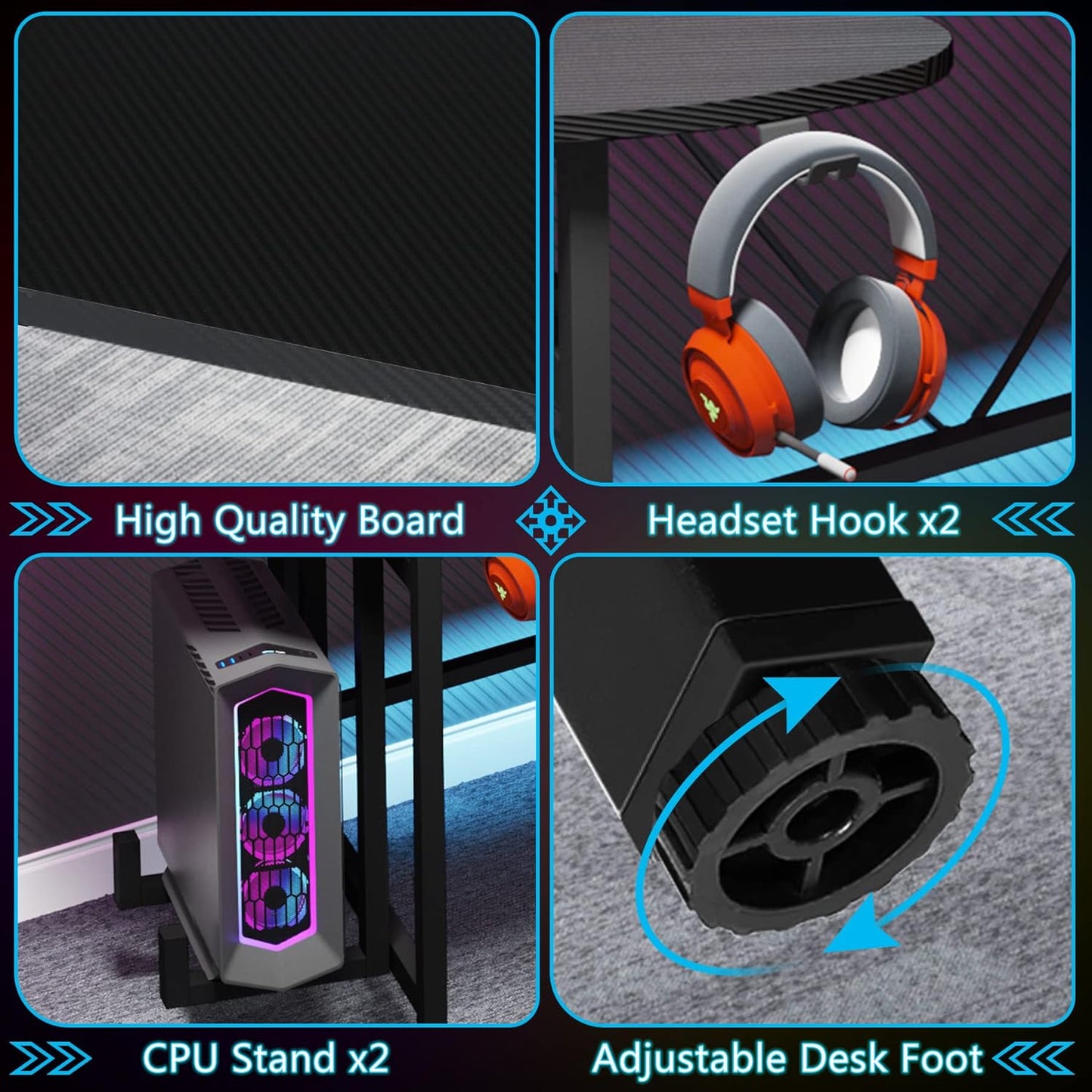 75 Inch Gaming Desk with Monitor Shelf, Large PC Computer Desk with LED Lights, Gaming Table Gamer Desk for Bedroom, Home Office, Black