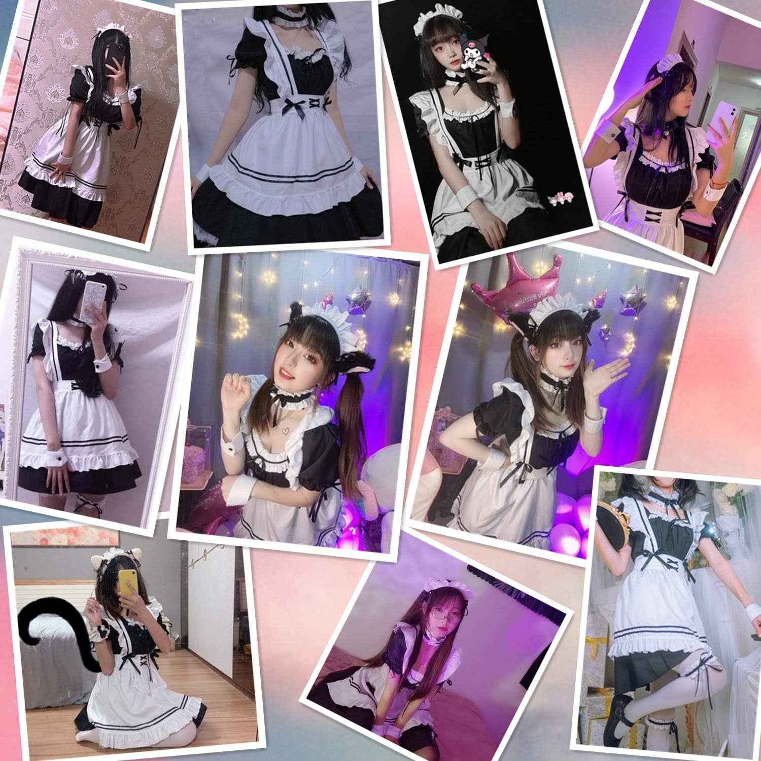 Anime French Maid Apron Lolita Fancy Dress Cosplay Costume Furry Cat Ear Gloves Socks Set(Xl)