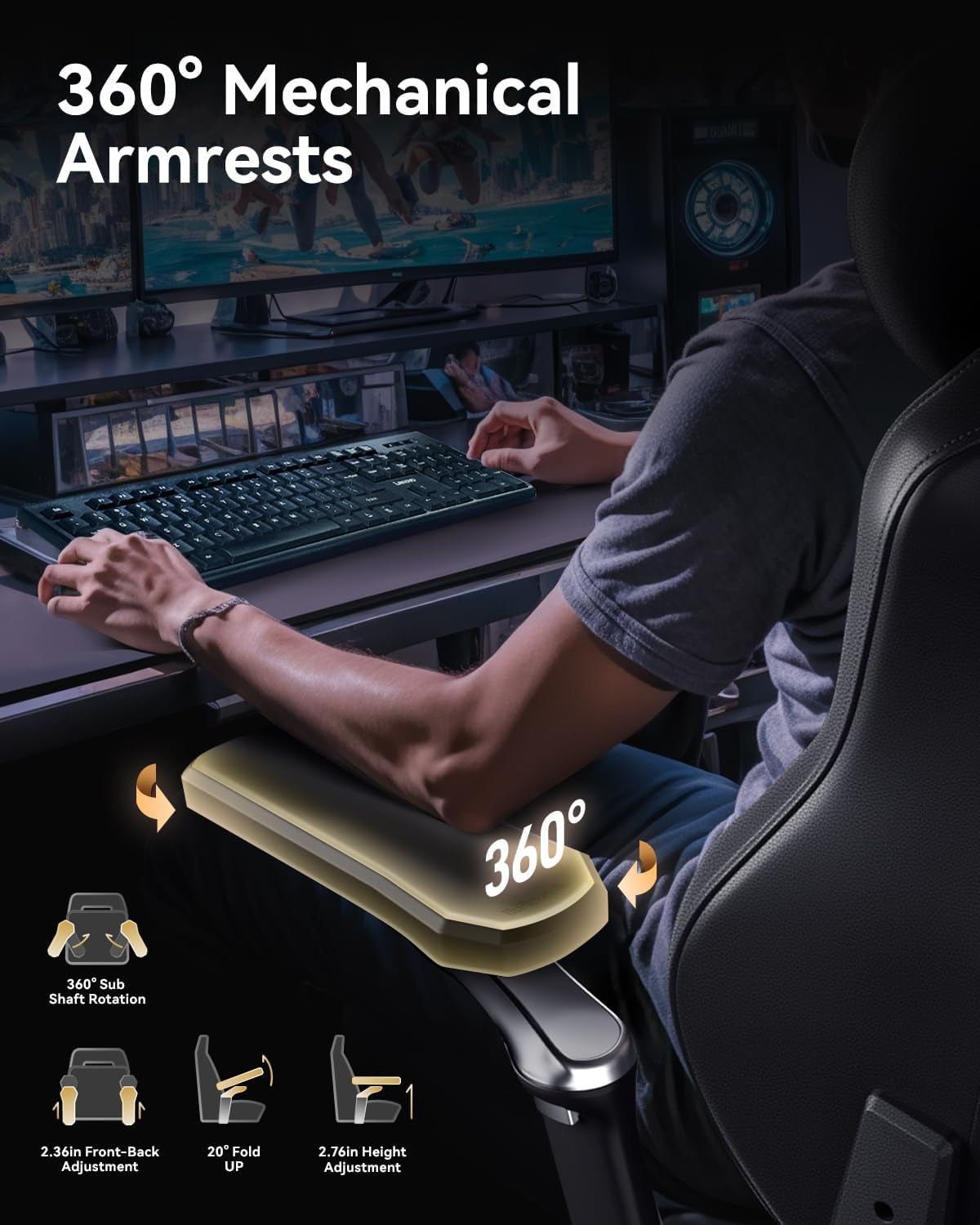 M6 Gaming Chair, Ventilated and Heated Seat Gaming Chair with 360° Adjustable Armrest, AUTO Dynamic Tracking Lumbar Support Ergonomic Office Chair with Footrest, Black