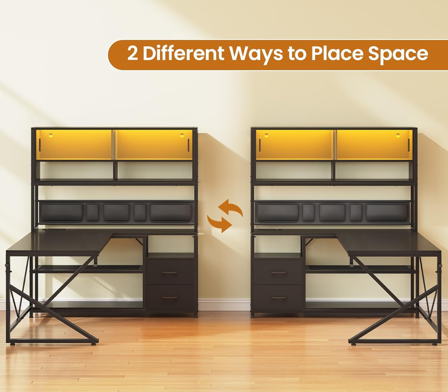 L Shaped Gaming Desk, Home Office Computer Desk with 2 Drawer and Bookshelf, L Shaped Gaming Desk with LED Light, Glass Cabinet and Storage Bag, Corner Desk with Storage Shelves, Black