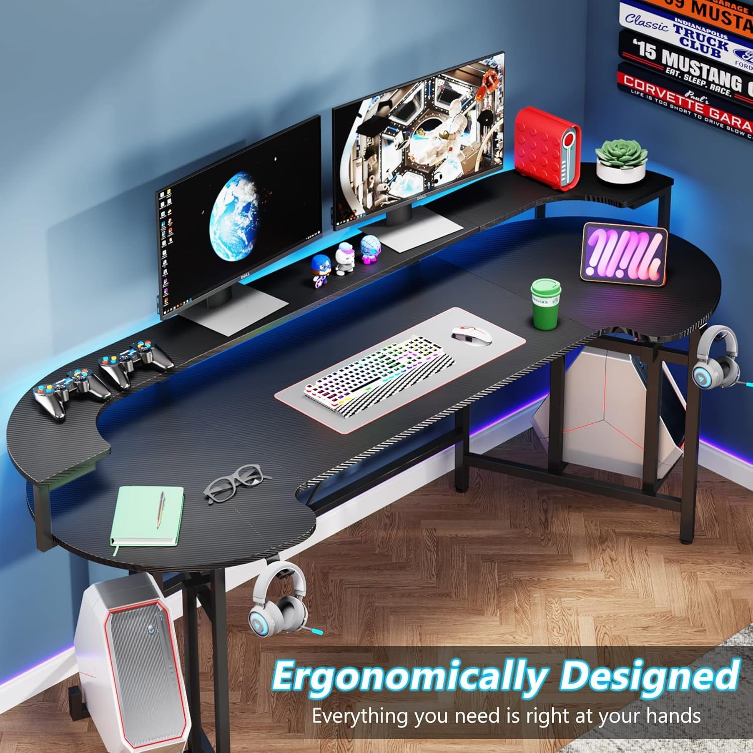 75 Inch Gaming Desk with Monitor Shelf, Large PC Computer Desk with LED Lights, Gaming Table Gamer Desk for Bedroom, Home Office, Black