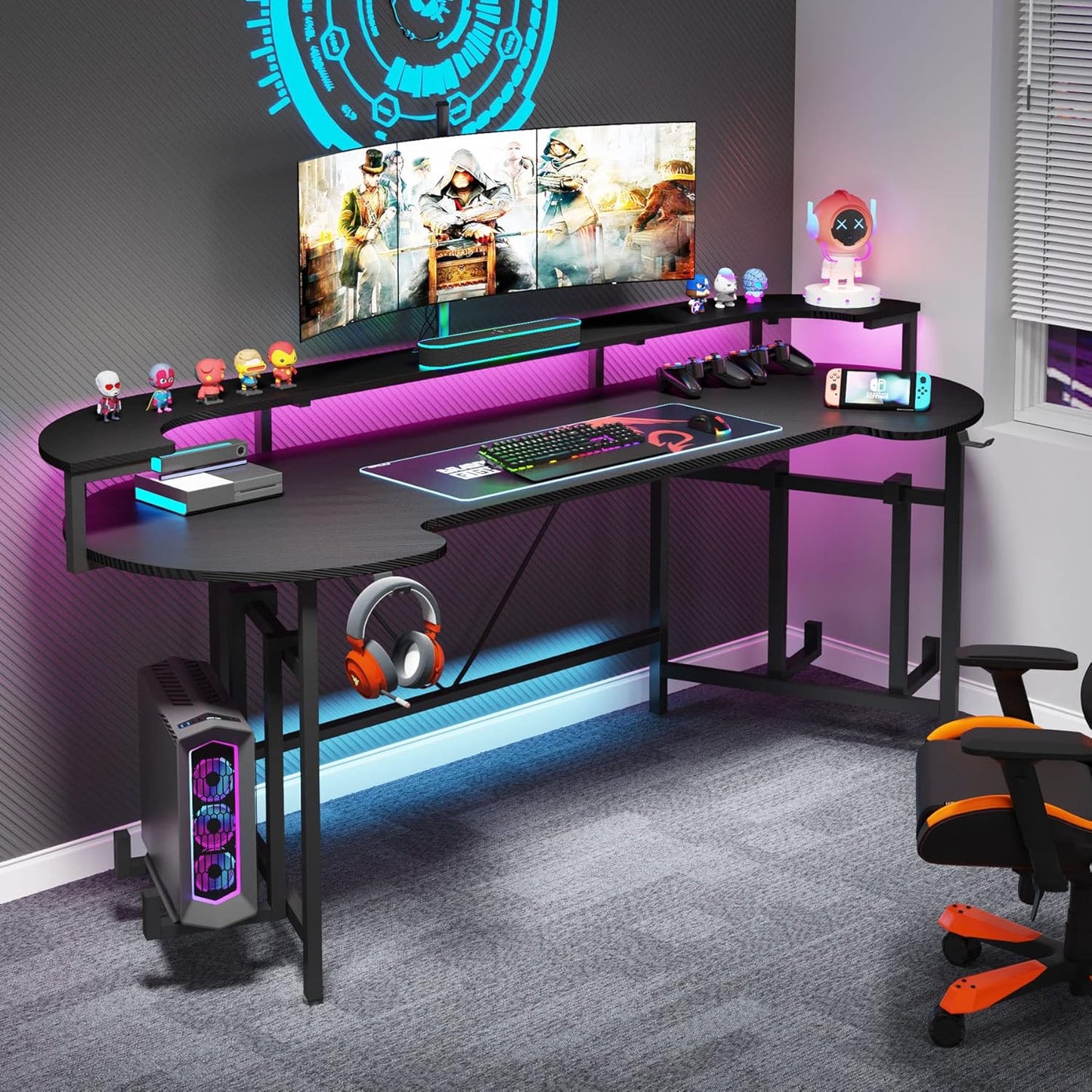 75 Inch Gaming Desk with Monitor Shelf, Large PC Computer Desk with LED Lights, Gaming Table Gamer Desk for Bedroom, Home Office, Black