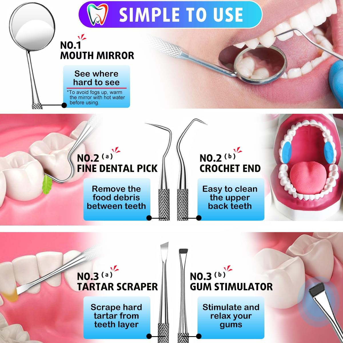 Dental Tools, Dental Pick Teeth Cleaning Tools Hygiene Kit, Plaque Remover for Teeth, Professional Stainless Steel Tooth Scraper Plaque Tartar Cleaner - with Case