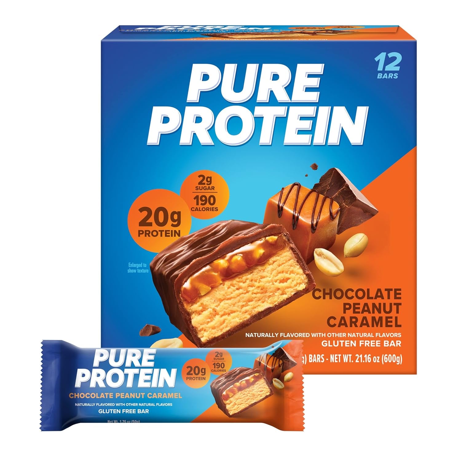 Chocolate Peanut Caramel Protein Bars – 20G Protein, 3G Sugar, 190 Calories (12 Count) Low Sugar* High Protein Snack - Gluten Free - Perfect for a Healthy Snack