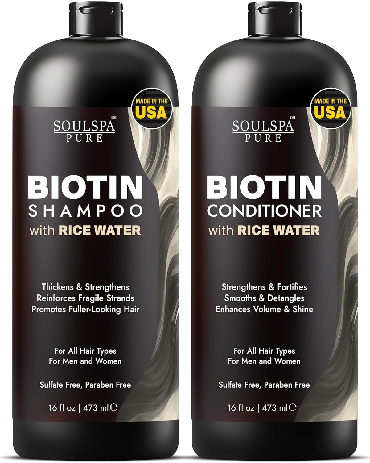 Biotin Rice Water Shampoo and Conditioner Set - Thickening Formula with Rice Protein & Keratin - Strengthening Hair Care for Thinning Hair - Made in USA - 16 Fl Oz Each