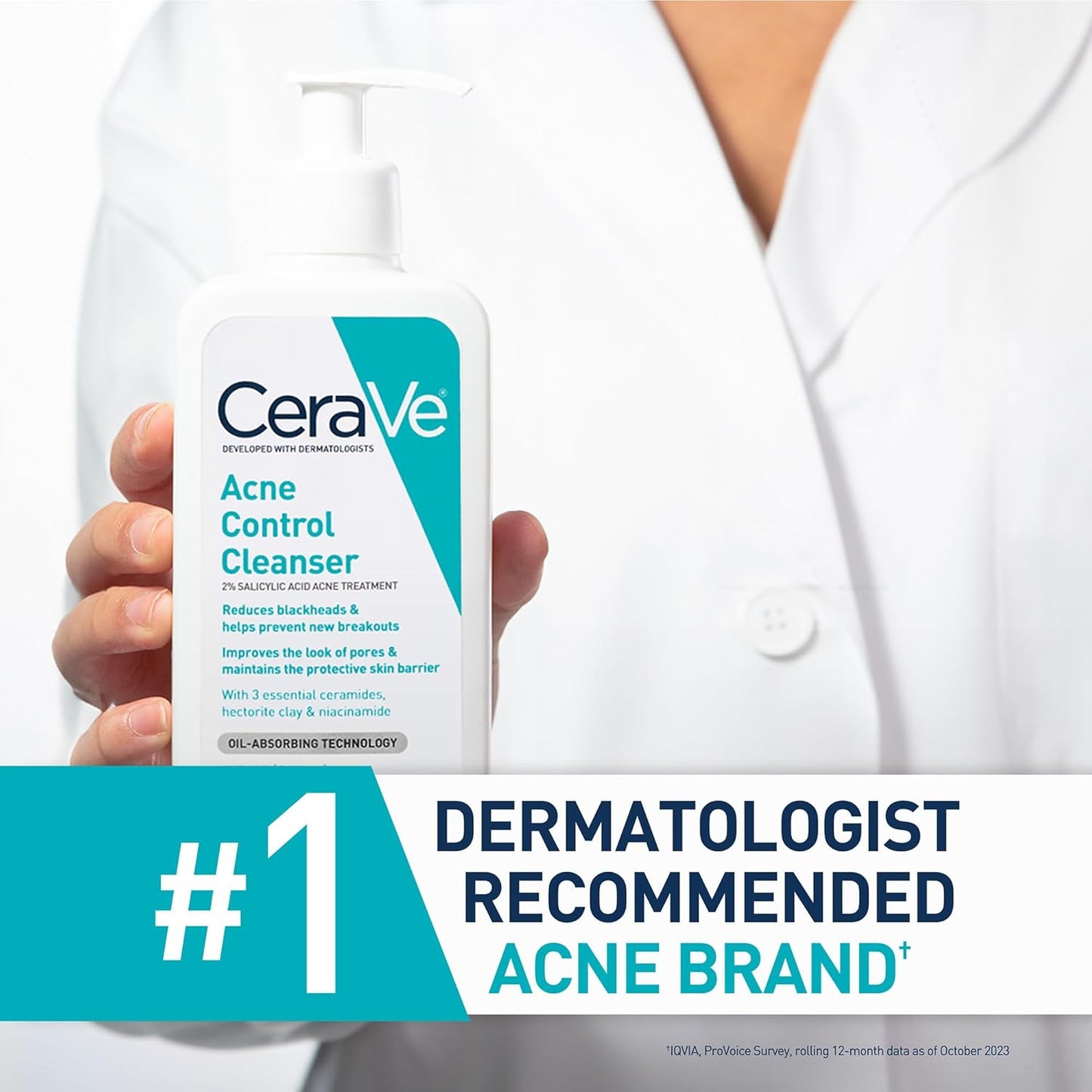 Acne Control Cleanser, 2% Salicylic Acid Treatment Formulated with Niacinamide + Ceramides + Oil Absorbing Clay, Gentle Face Wash Helps Clear & Prevent Acne, Fragrance Free, 16 Ounce