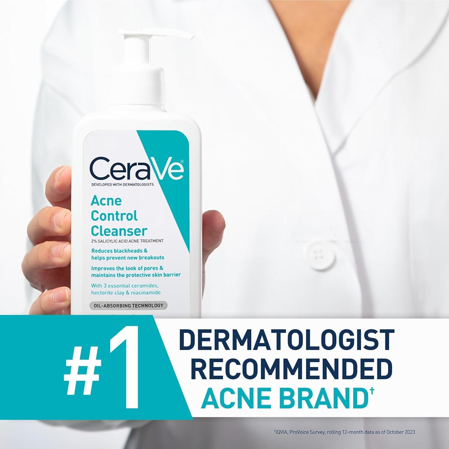 Acne Control Cleanser, 2% Salicylic Acid Treatment Formulated with Niacinamide + Ceramides + Oil Absorbing Clay, Gentle Face Wash Helps Clear & Prevent Acne, Fragrance Free, 16 Ounce