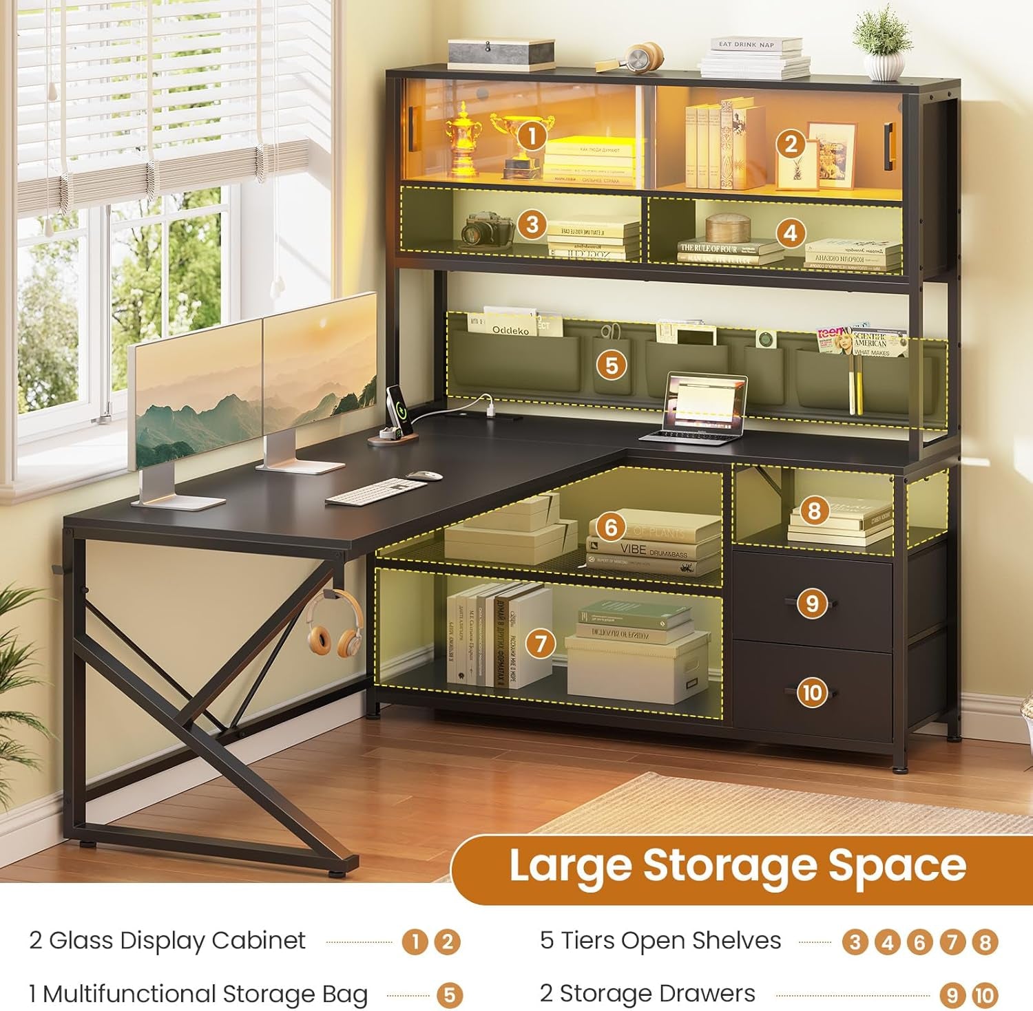 L Shaped Gaming Desk, Home Office Computer Desk with 2 Drawer and Bookshelf, L Shaped Gaming Desk with LED Light, Glass Cabinet and Storage Bag, Corner Desk with Storage Shelves, Black