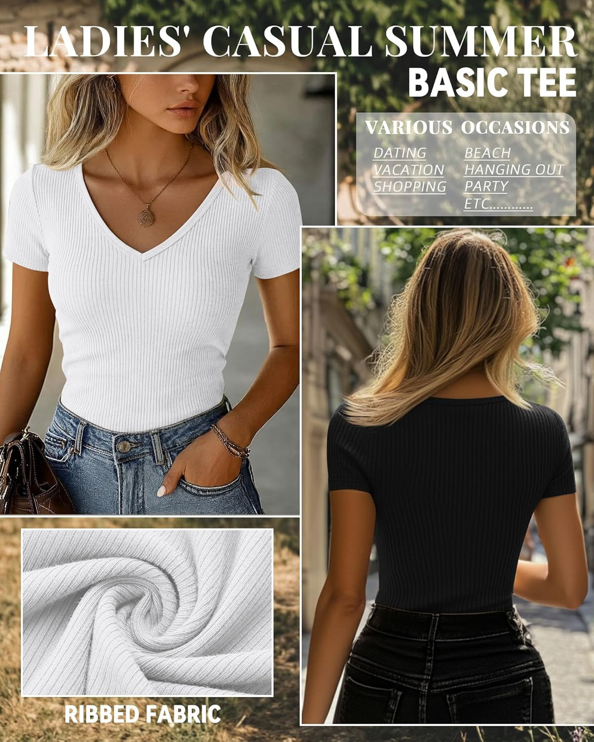 3 Pack Women'S Short Sleeve Cotton T-Shirts V Neck Ribbed Slim Fit Tops Ladies' Casual Summer Basic Tee