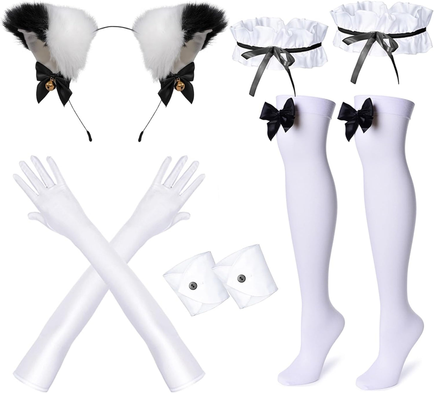 Anime French Maid Apron Lolita Fancy Dress Cosplay Costume Furry Cat Ear Gloves Socks Set(Xl)