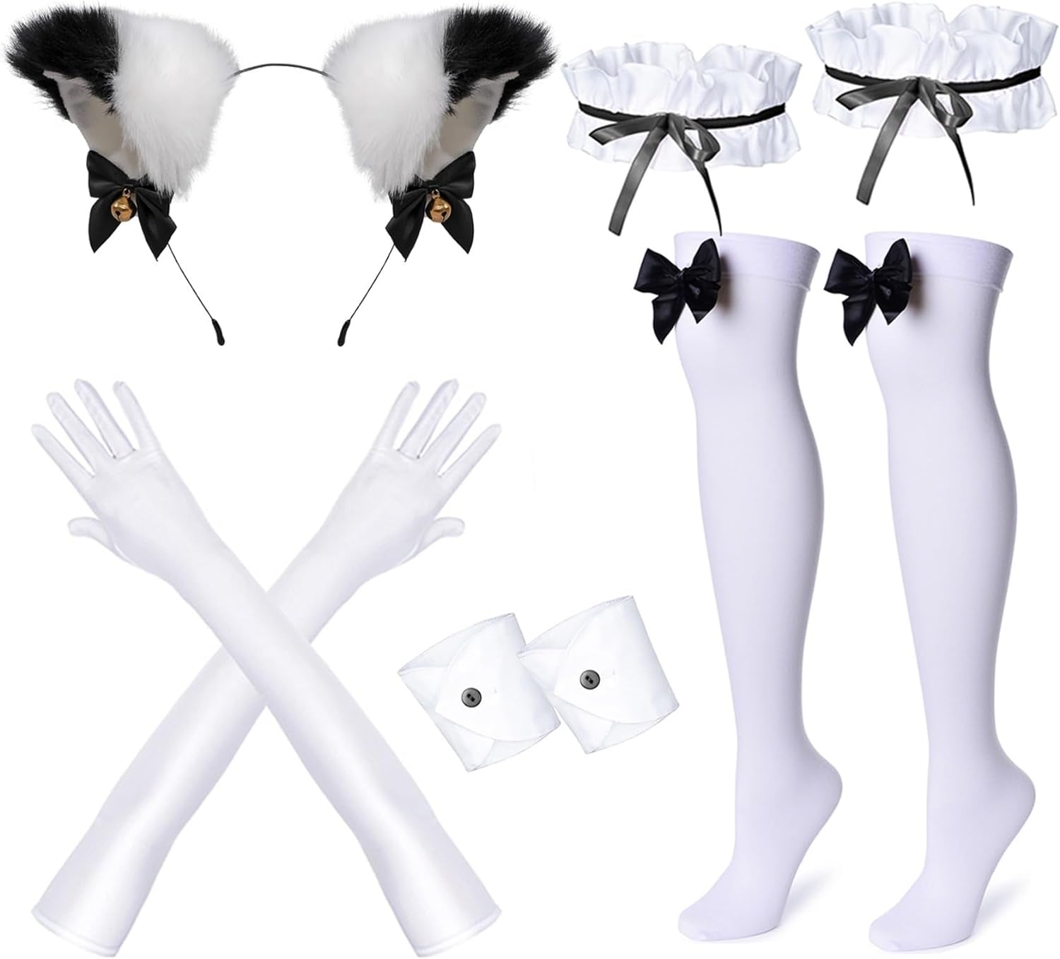 Anime French Maid Apron Lolita Fancy Dress Cosplay Costume Furry Cat Ear Gloves Socks Set(Xl)