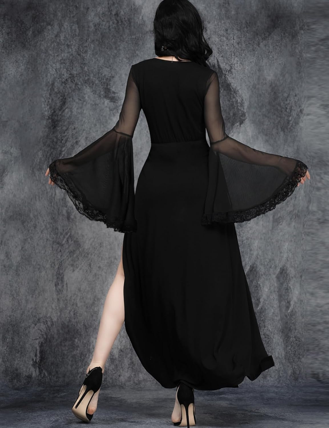 Women Gothic V Neck High Slit Witch Sleeve Lace Patchwork Ghost Bridal Goth Dress without Corset