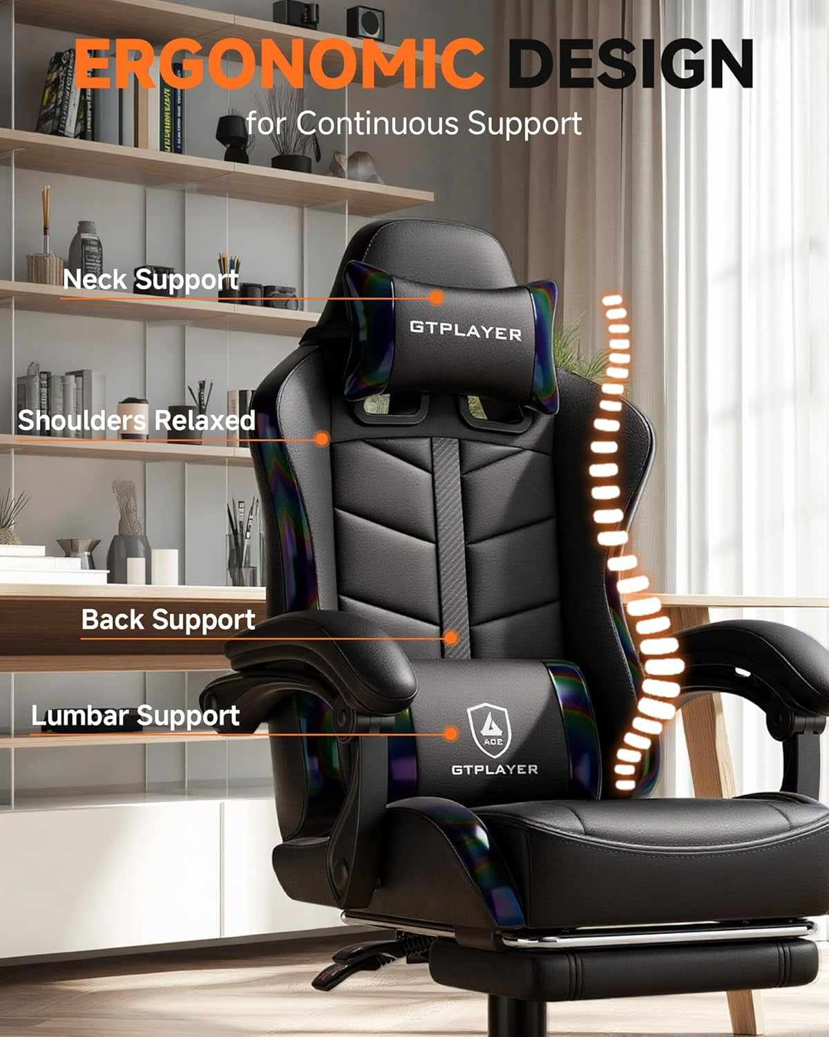 Gaming Chair with Footrest, Computer Gaming Chair for Adults and Kids, Height Adjustable Gamer Chair with 90-155° Recline & Removable Headrest Lumbar Support, 01 Iridescent Black