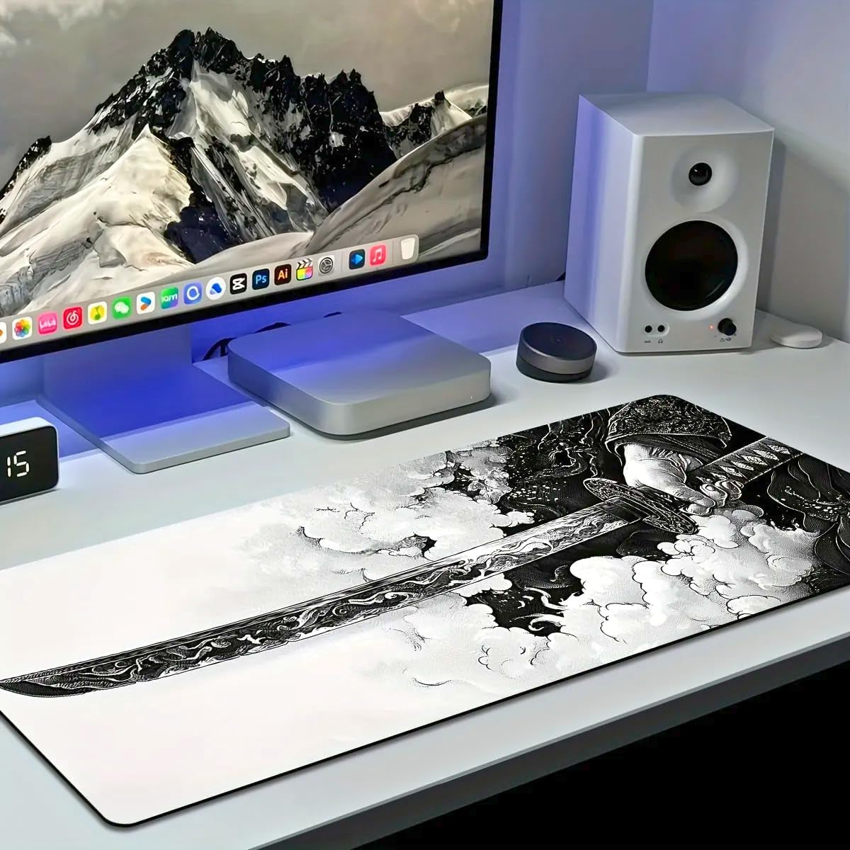 Gaming Mouse Pad Cinematic Samurai Sword - 31.5X11.8 HD Print Japanese Art Desk Mat for Pro Gaming & Minimalist Office, Non-Slip, Stitched Edges, Black and White
