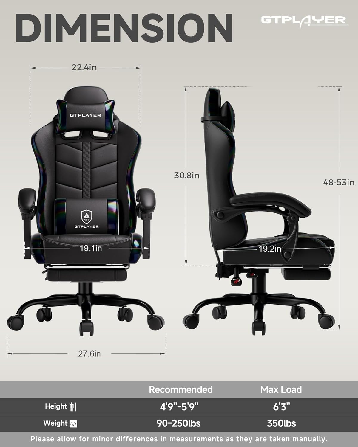 Gaming Chair with Footrest, Computer Gaming Chair for Adults and Kids, Height Adjustable Gamer Chair with 90-155° Recline & Removable Headrest Lumbar Support, 01 Iridescent Black