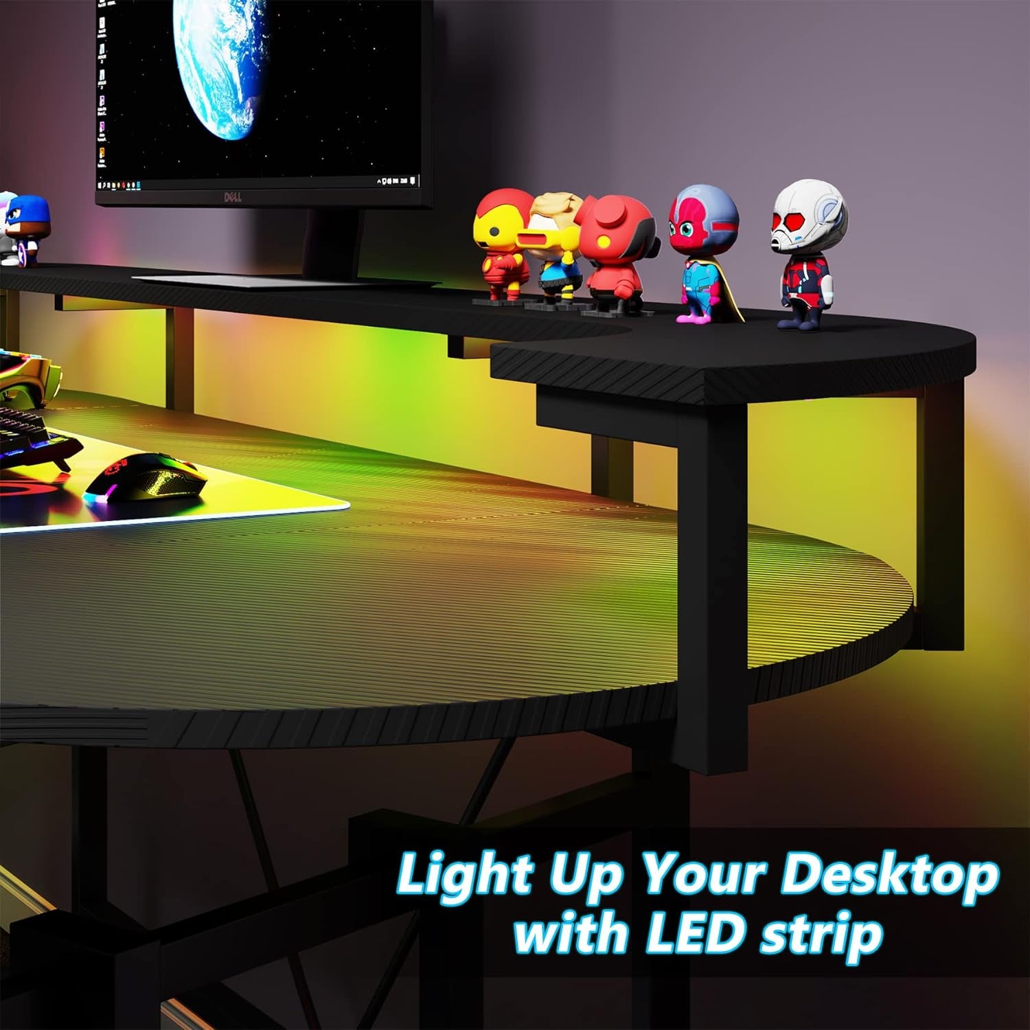 75 Inch Gaming Desk with Monitor Shelf, Large PC Computer Desk with LED Lights, Gaming Table Gamer Desk for Bedroom, Home Office, Black