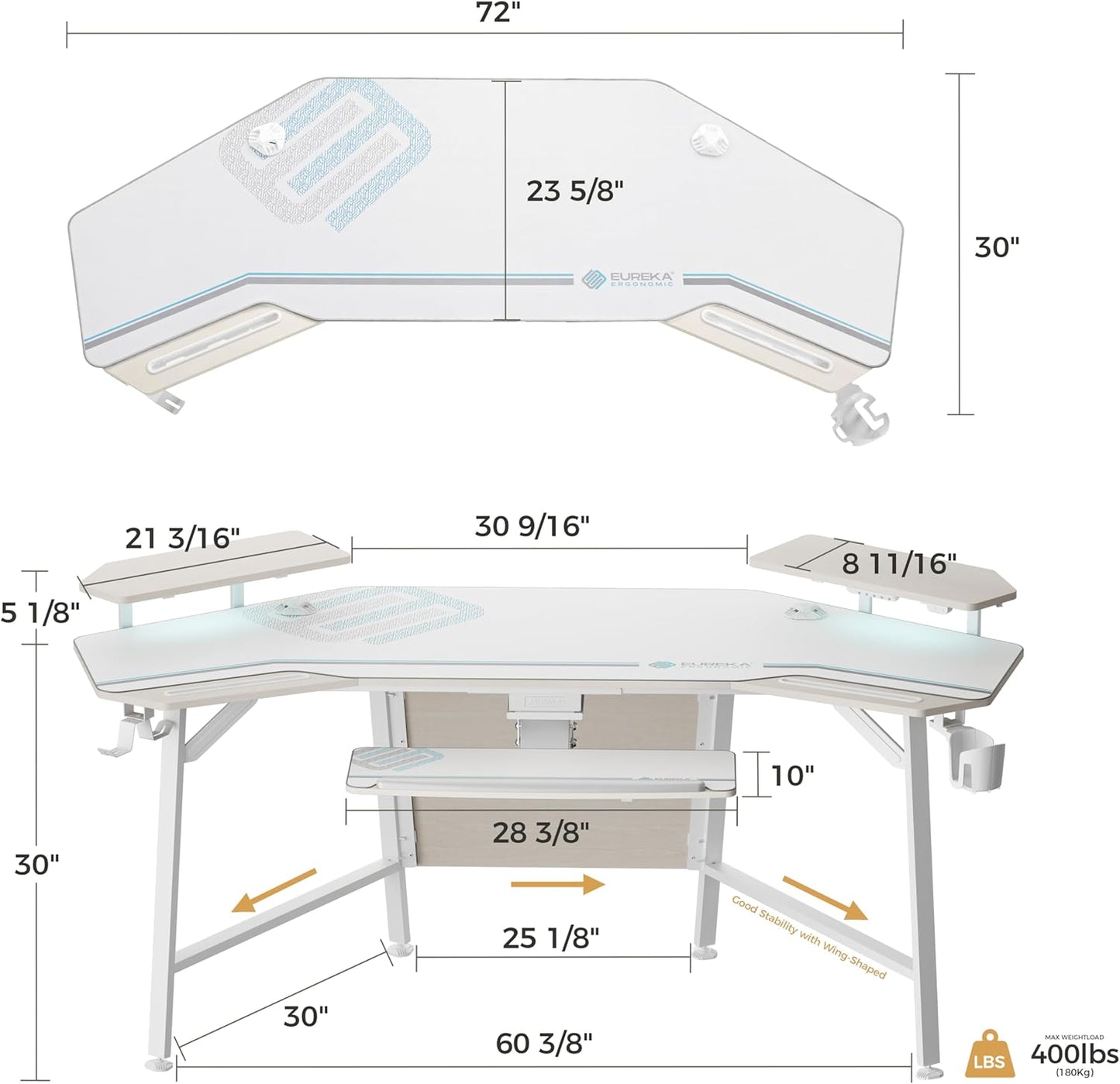 Aero 72 Inch Gaming Desk with Keyboard Tray, Large Computer Desk Led Lights, Wing-Shaped Monitor Stand Dual Headphone Hanger Cup Holder for Studio,Streamer,Live,Maple
